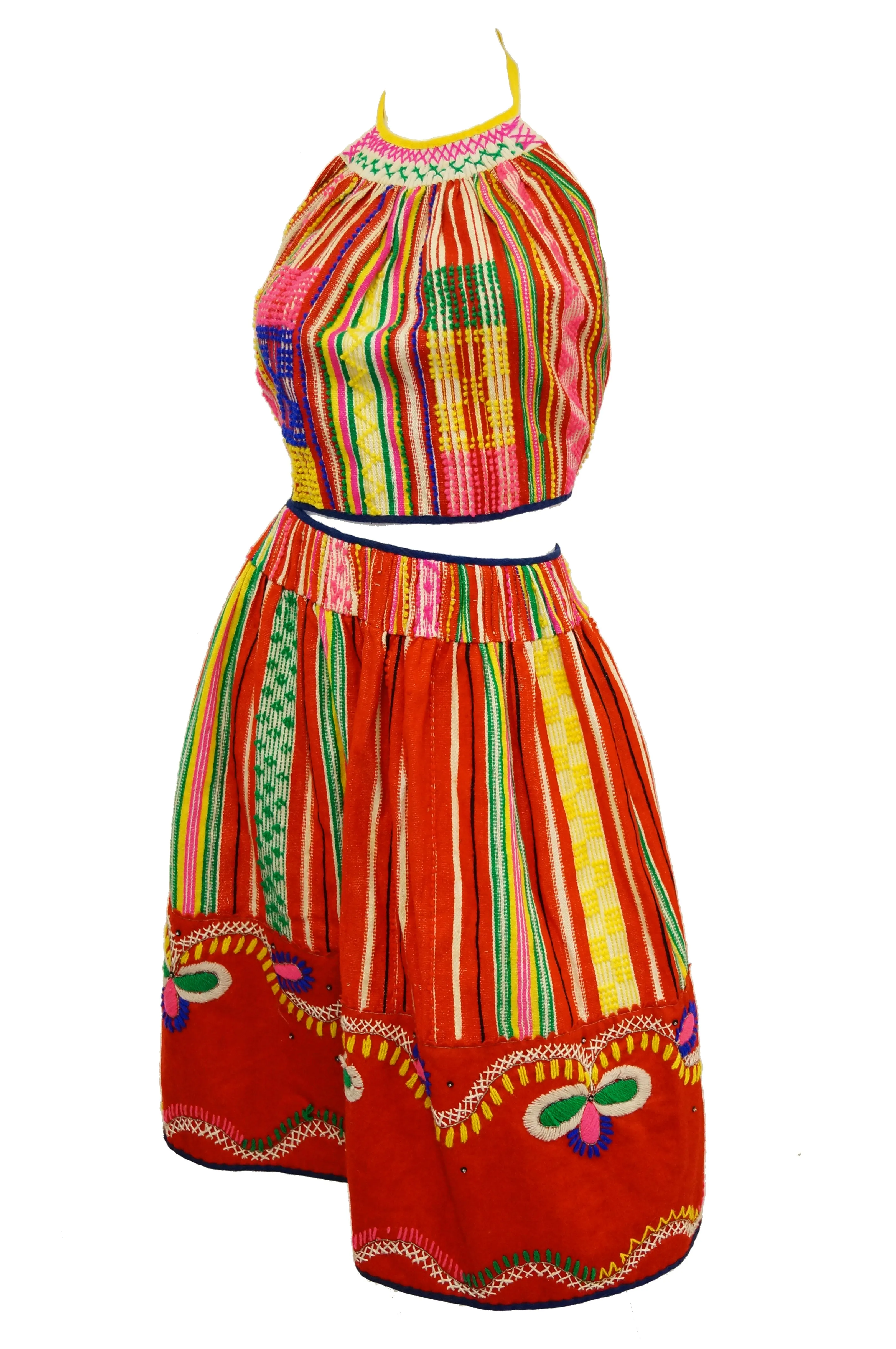1960s Ethnic Multicolored Woven Skirt and Halter Top