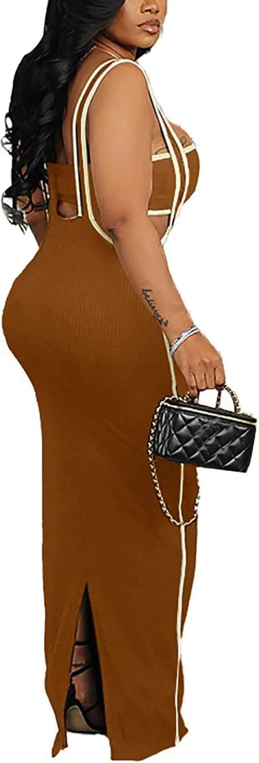2 Piece Outfits Dresses for Women Summer Tube Crop Tops Sexy Bodycon Split Long Maxi Skirt Suspenders Sets