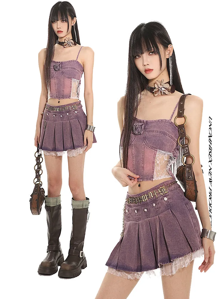 【24s July.】Hot Girl Lace Purple Denim Vest   Short Skirt