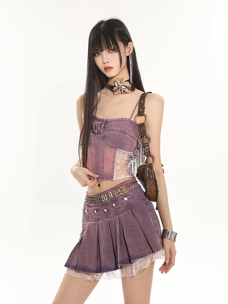 【24s July.】Hot Girl Lace Purple Denim Vest   Short Skirt