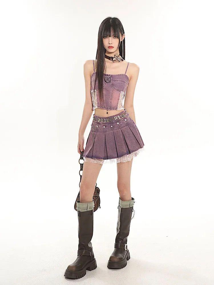 【24s July.】Hot Girl Lace Purple Denim Vest   Short Skirt