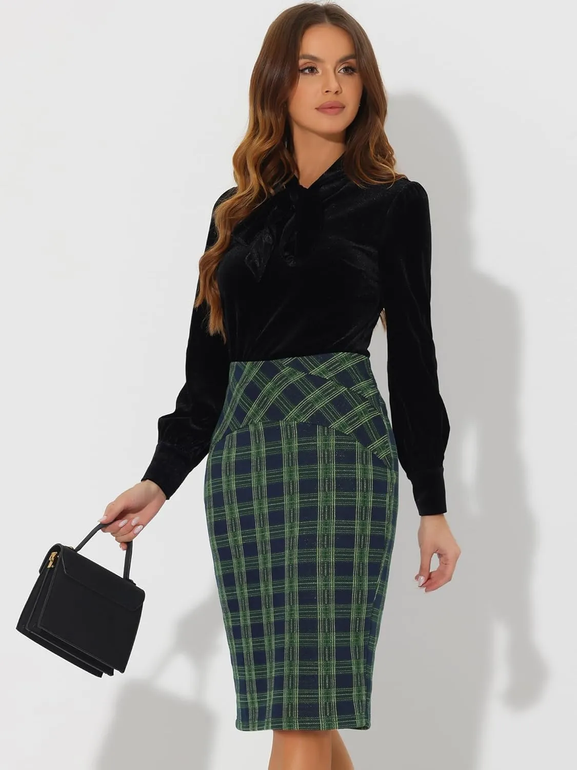 Allegra K Women's Elastic High Waist Knee Length Plaid Pencil Skirt with Side Zipper
