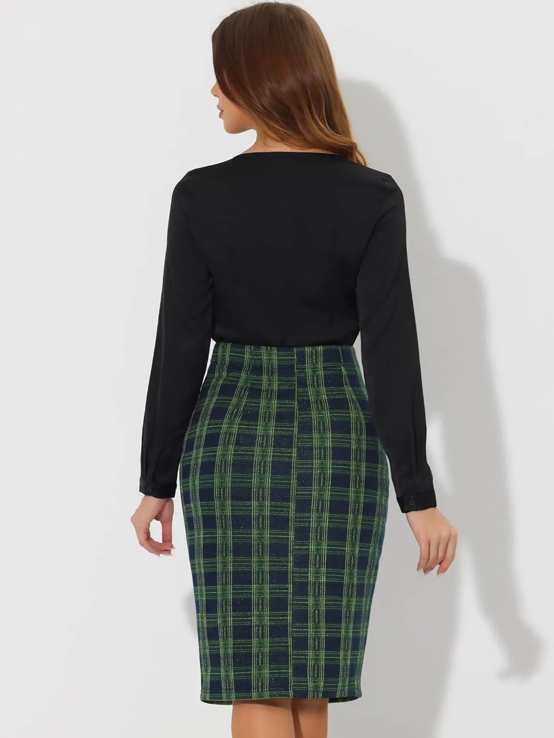 Allegra K Women's Elastic High Waist Knee Length Plaid Pencil Skirt with Side Zipper