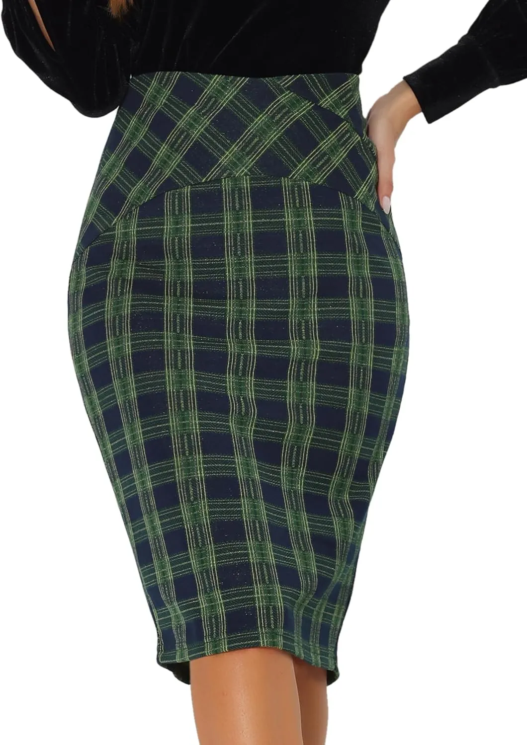 Allegra K Women's Elastic High Waist Knee Length Plaid Pencil Skirt with Side Zipper