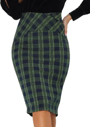 Allegra K Women's Elastic High Waist Knee Length Plaid Pencil Skirt with Side Zipper