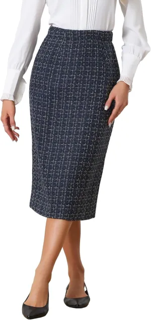 Allegra K Women's Plaid Tweed High Waist Work Office Bodycon Pencil Skirt