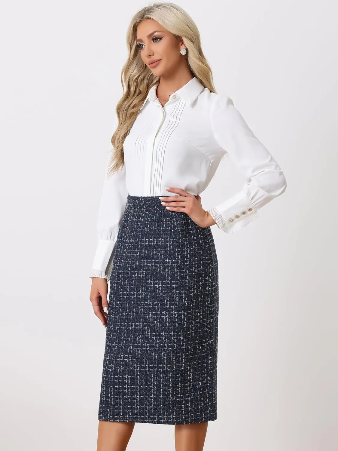 Allegra K Women's Plaid Tweed High Waist Work Office Bodycon Pencil Skirt
