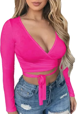 Artfish Women Sexy Deep V Neck Crop Top Bandage Wrap Tie Tight Cropped Fitted Cleavage Shirts