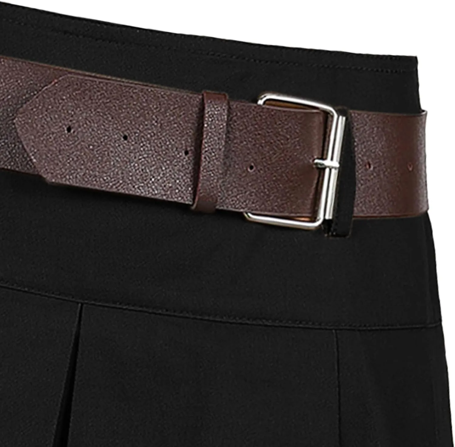AULKEEP Womens College Style Mini Belt Skirts Swing A-Line Pleated Skirt Vintage Ruffle Short Brown Skirts