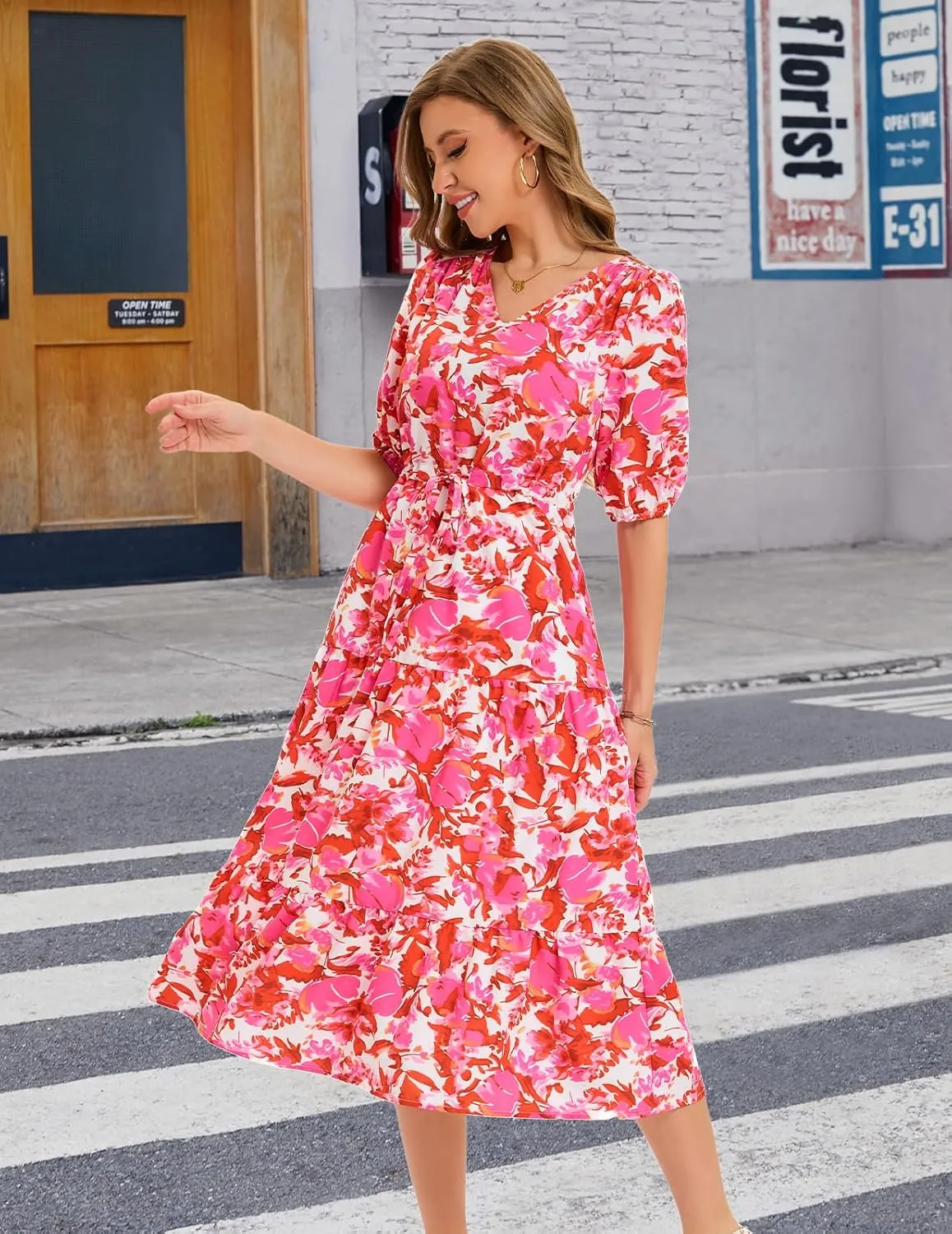 Bbonlinedress Women Maxi Floral Dress Summer Beach Wedding Guest V Neck Short Sleeve Casual Boho Flowy Dress