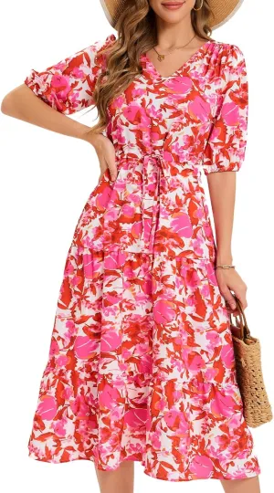 Bbonlinedress Women Maxi Floral Dress Summer Beach Wedding Guest V Neck Short Sleeve Casual Boho Flowy Dress