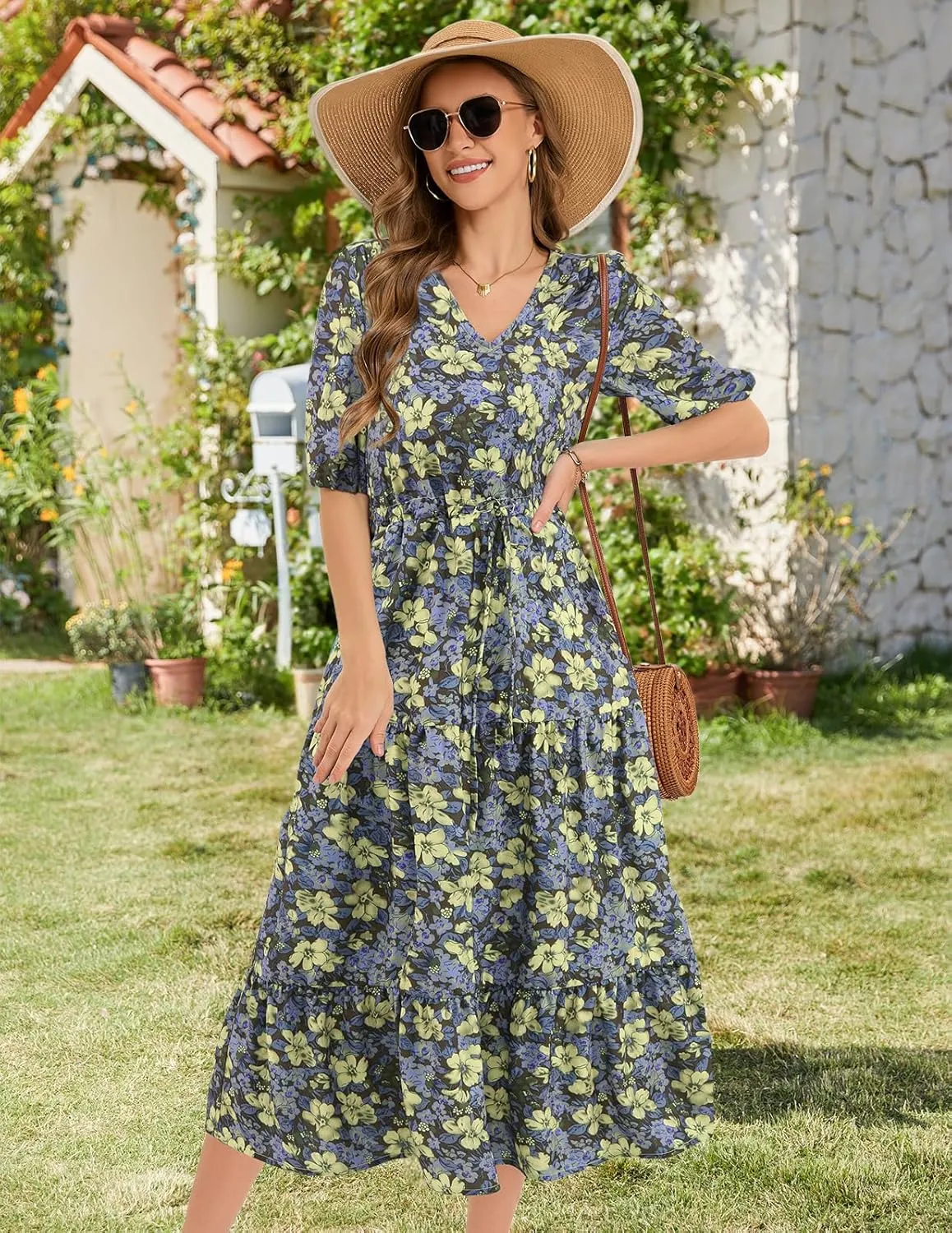 Bbonlinedress Women Maxi Floral Dress Summer Beach Wedding Guest V Neck Short Sleeve Casual Boho Flowy Dress