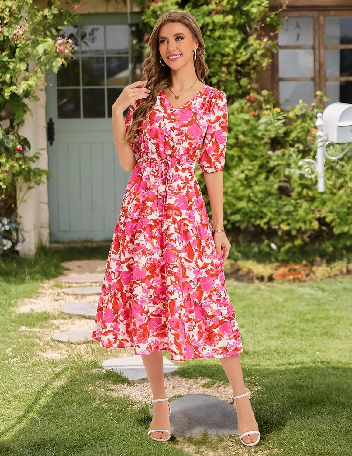 Bbonlinedress Women Maxi Floral Dress Summer Beach Wedding Guest V Neck Short Sleeve Casual Boho Flowy Dress