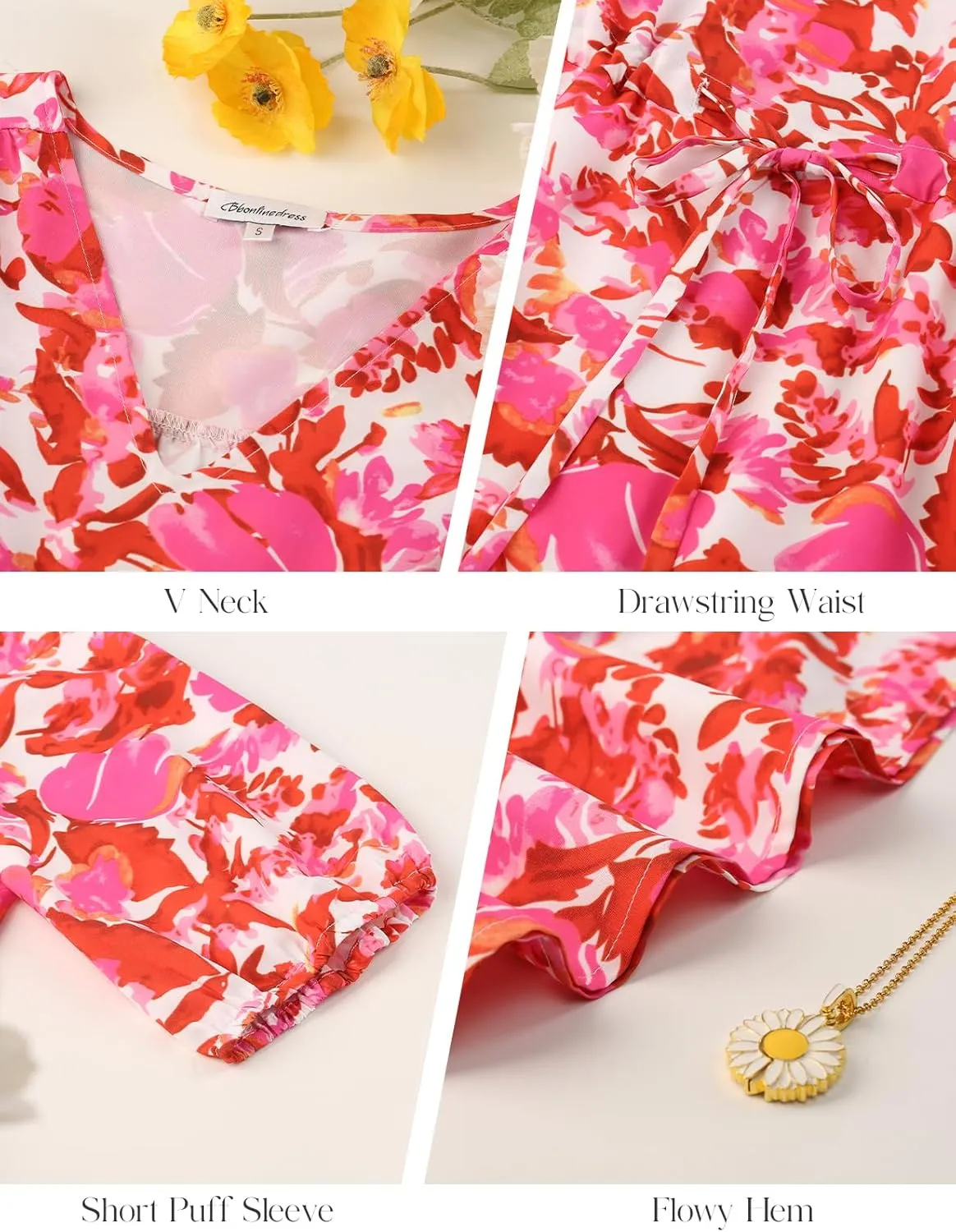 Bbonlinedress Women Maxi Floral Dress Summer Beach Wedding Guest V Neck Short Sleeve Casual Boho Flowy Dress