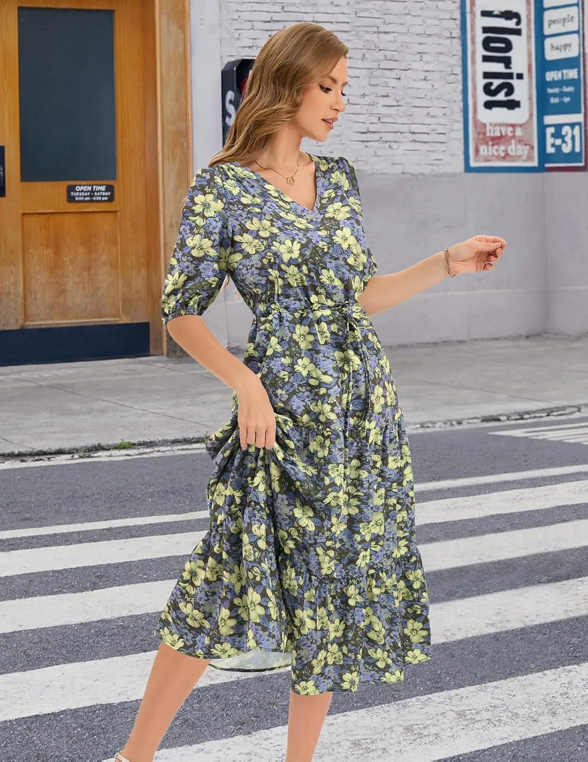 Bbonlinedress Women Maxi Floral Dress Summer Beach Wedding Guest V Neck Short Sleeve Casual Boho Flowy Dress