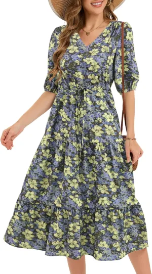 Bbonlinedress Women Maxi Floral Dress Summer Beach Wedding Guest V Neck Short Sleeve Casual Boho Flowy Dress