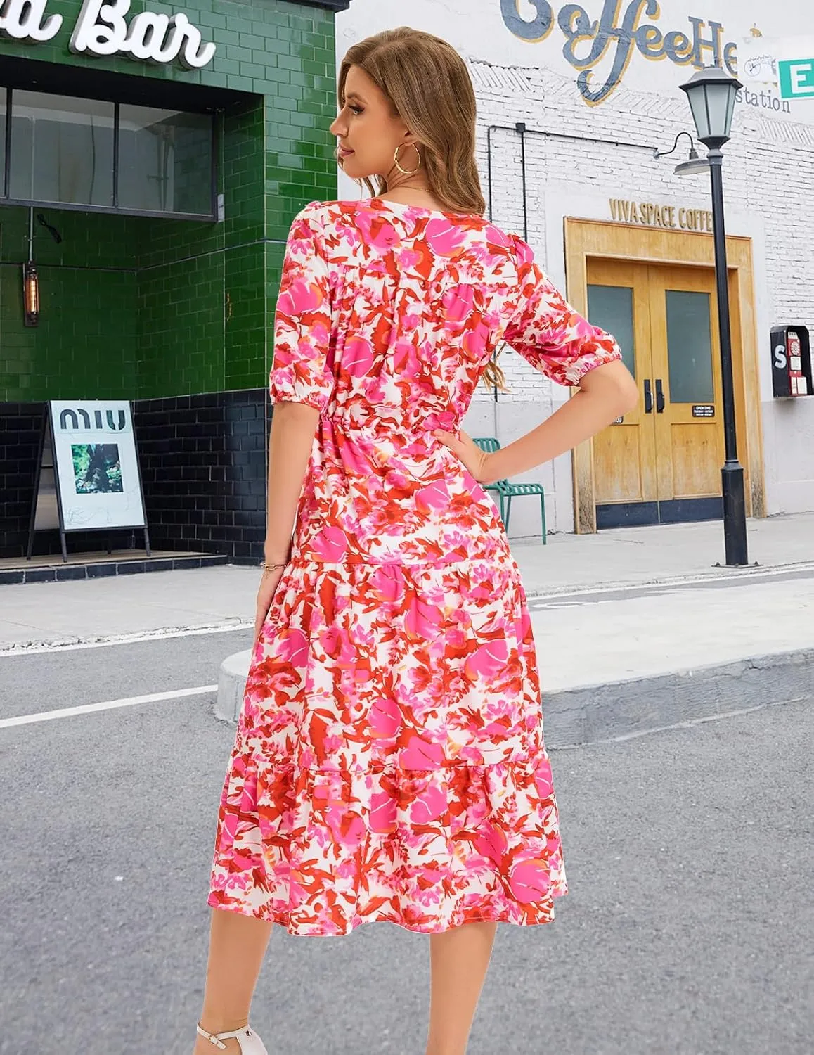 Bbonlinedress Women Maxi Floral Dress Summer Beach Wedding Guest V Neck Short Sleeve Casual Boho Flowy Dress