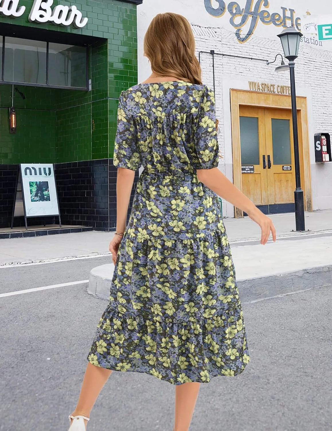 Bbonlinedress Women Maxi Floral Dress Summer Beach Wedding Guest V Neck Short Sleeve Casual Boho Flowy Dress
