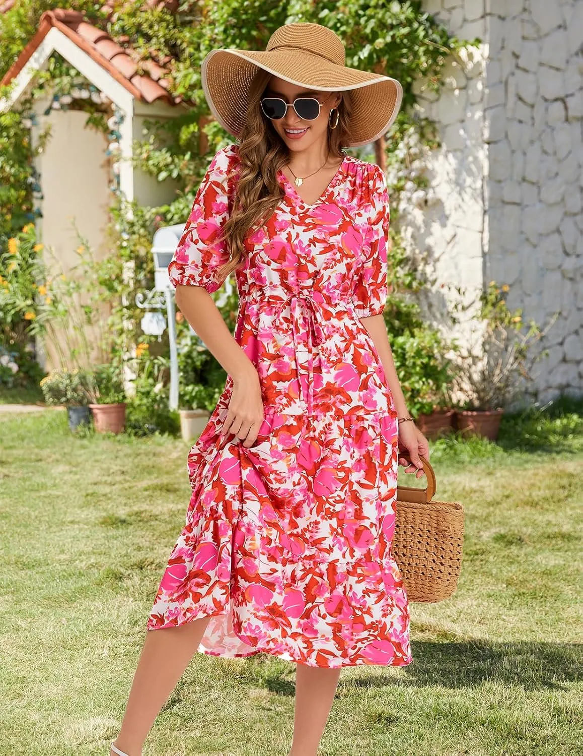 Bbonlinedress Women Maxi Floral Dress Summer Beach Wedding Guest V Neck Short Sleeve Casual Boho Flowy Dress