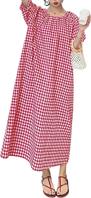 chouyatou Women's Casual Gingham Loose-Fit Swing Dress Cotton Lantern Puff Sleeve Plaid Midi Long Dress