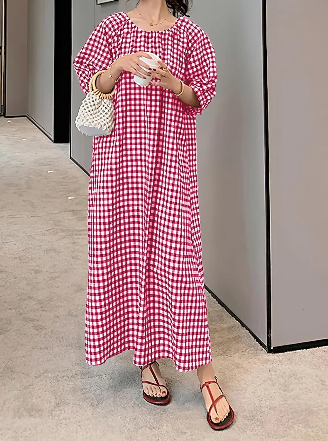 chouyatou Women's Casual Gingham Loose-Fit Swing Dress Cotton Lantern Puff Sleeve Plaid Midi Long Dress