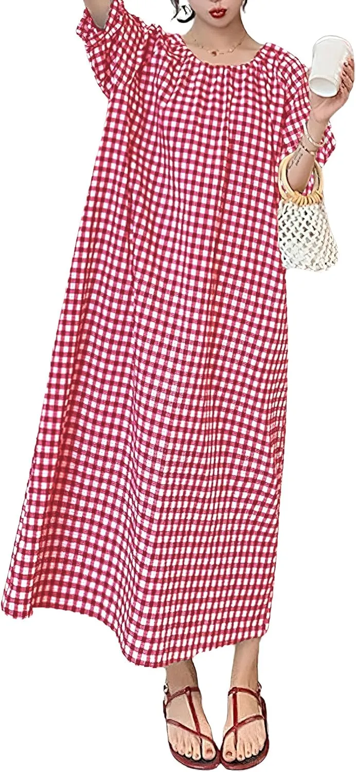 chouyatou Women's Casual Gingham Loose-Fit Swing Dress Cotton Lantern Puff Sleeve Plaid Midi Long Dress