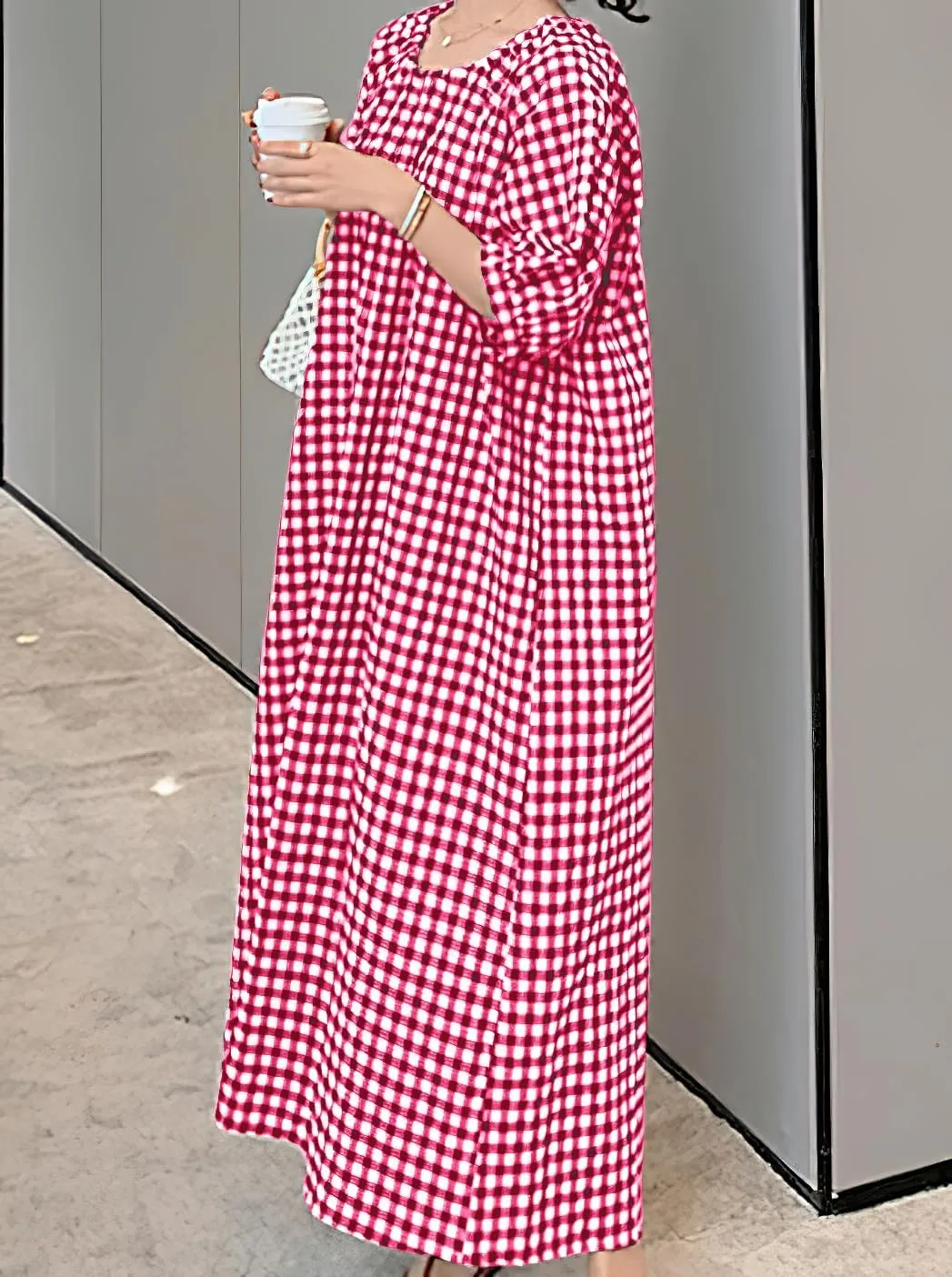 chouyatou Women's Casual Gingham Loose-Fit Swing Dress Cotton Lantern Puff Sleeve Plaid Midi Long Dress