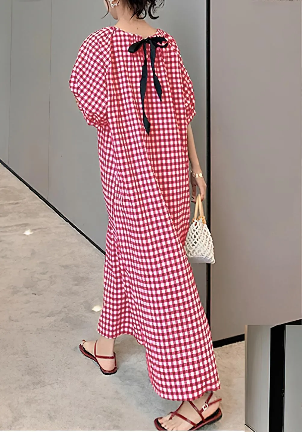 chouyatou Women's Casual Gingham Loose-Fit Swing Dress Cotton Lantern Puff Sleeve Plaid Midi Long Dress