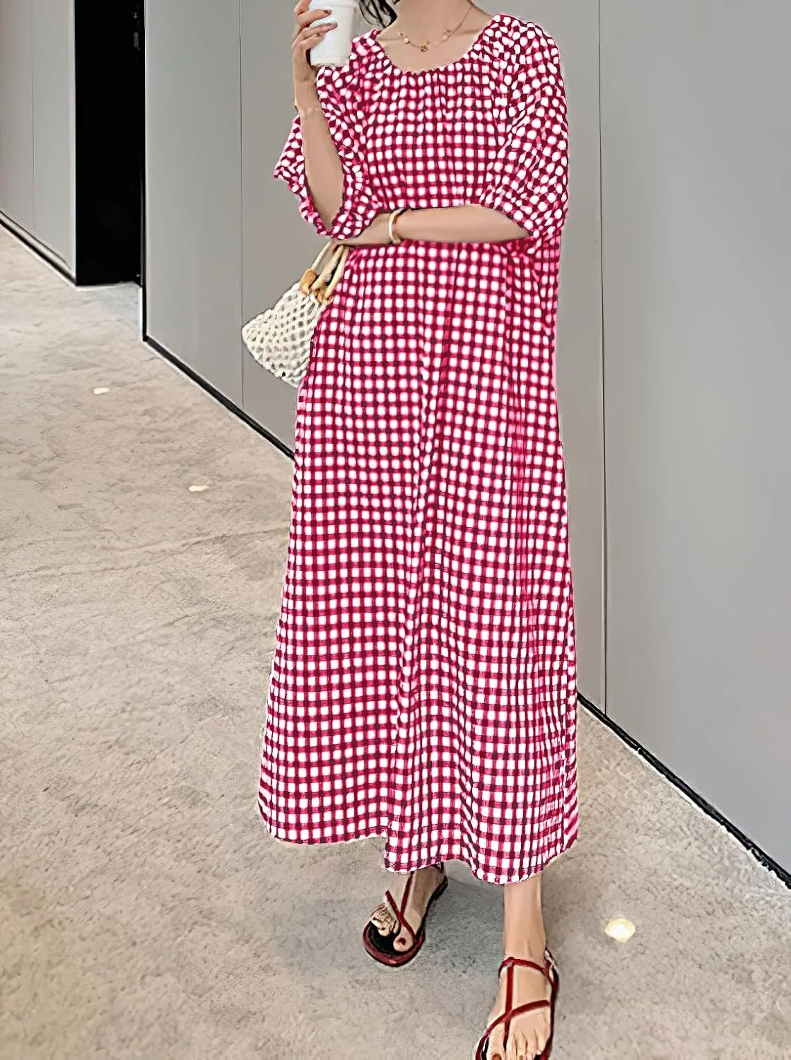 chouyatou Women's Casual Gingham Loose-Fit Swing Dress Cotton Lantern Puff Sleeve Plaid Midi Long Dress