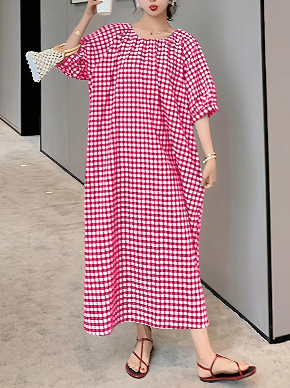 chouyatou Women's Casual Gingham Loose-Fit Swing Dress Cotton Lantern Puff Sleeve Plaid Midi Long Dress