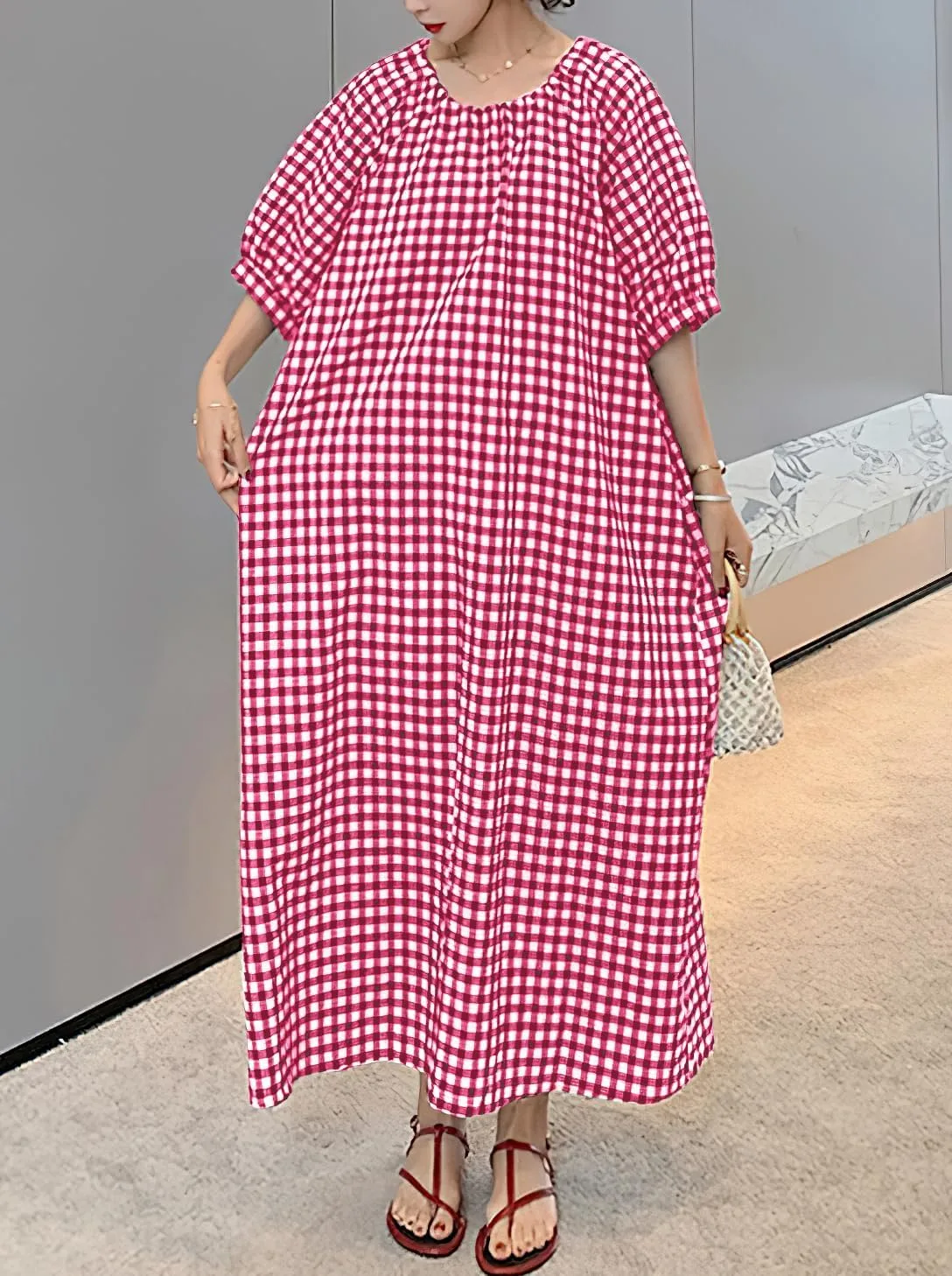 chouyatou Women's Casual Gingham Loose-Fit Swing Dress Cotton Lantern Puff Sleeve Plaid Midi Long Dress