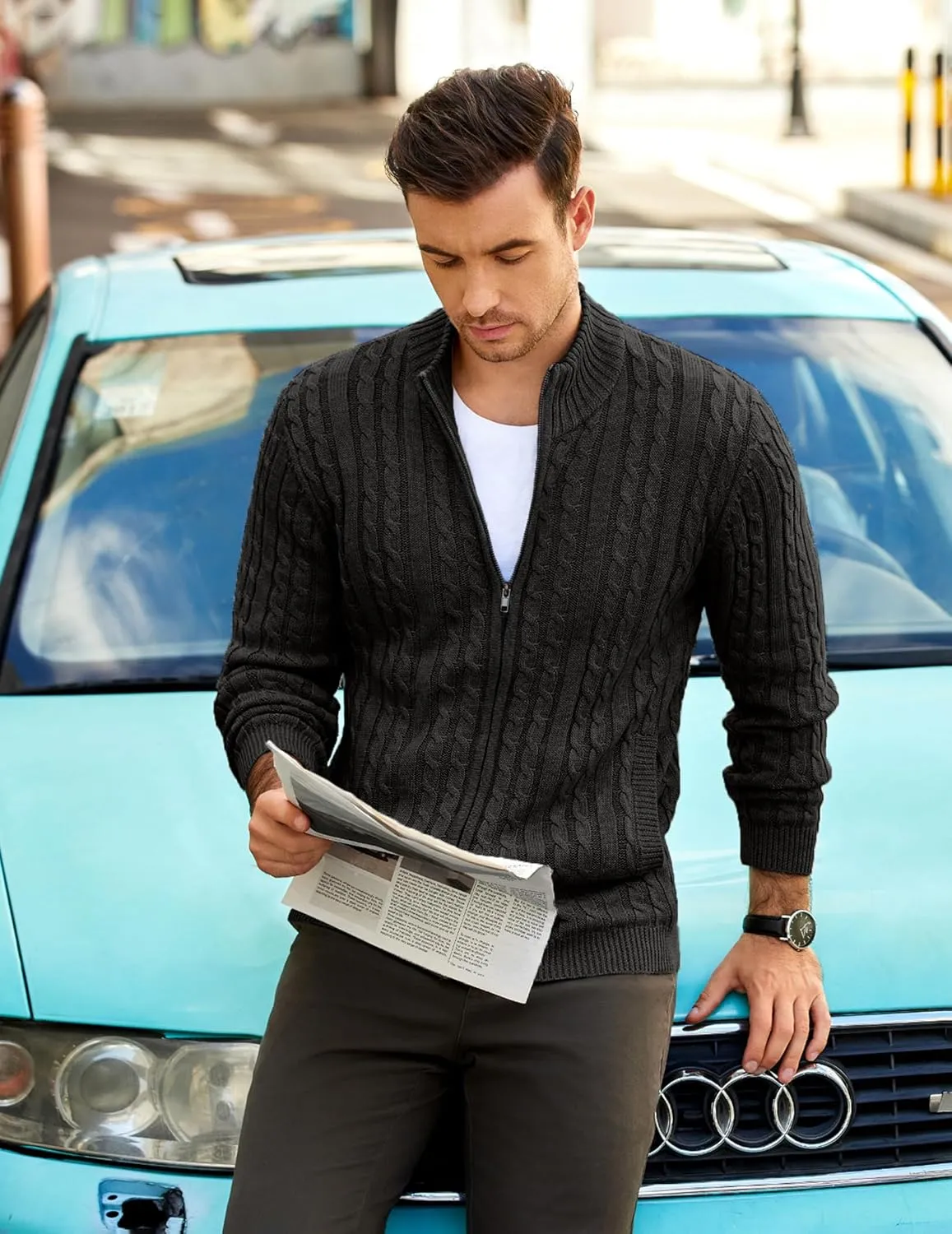 COOFANDY Men's Full Zip Cardigan Sweater Slim Fit Cable Knitted Zip Up Sweater with Pockets