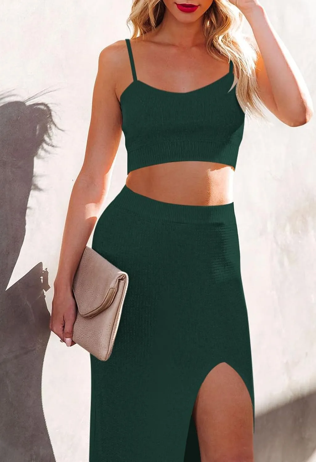 Cutiefox Women's Knit 2 Piece Dress Cami Crop Top High Side Slit Bodycon Long Skirt Set