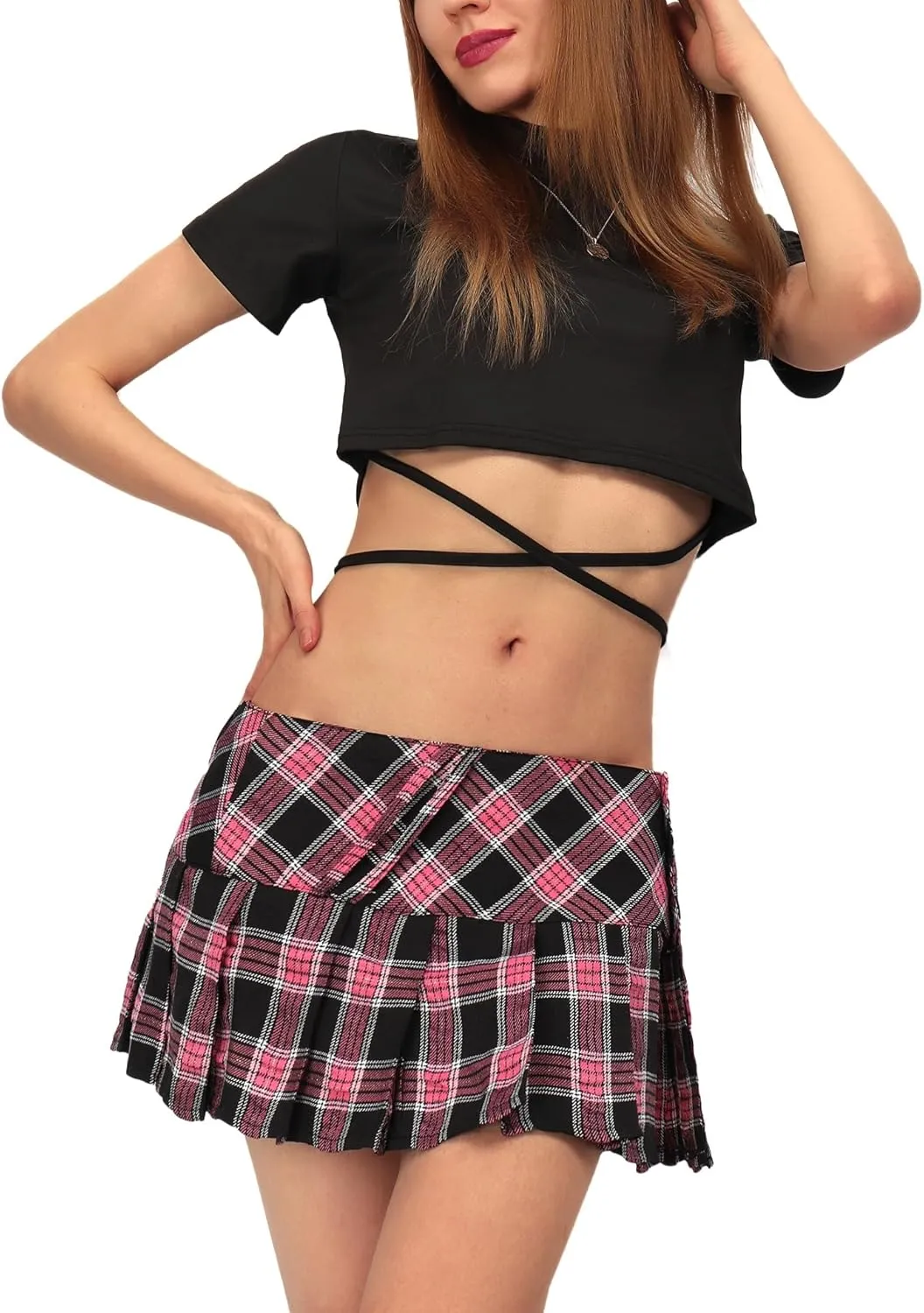 DAZCOS Mini Plaid Pleated Skirt Slip US Size Low Waist Slit Cosplay Uniform for Women