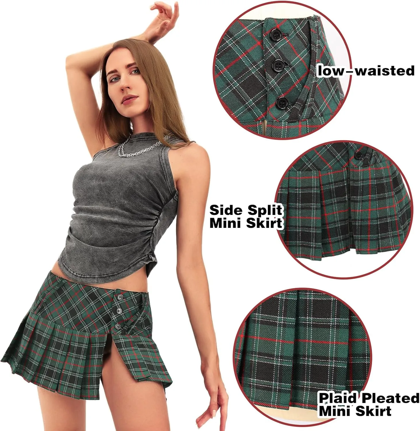 DAZCOS Mini Plaid Pleated Skirt Slip US Size Low Waist Slit Cosplay Uniform for Women