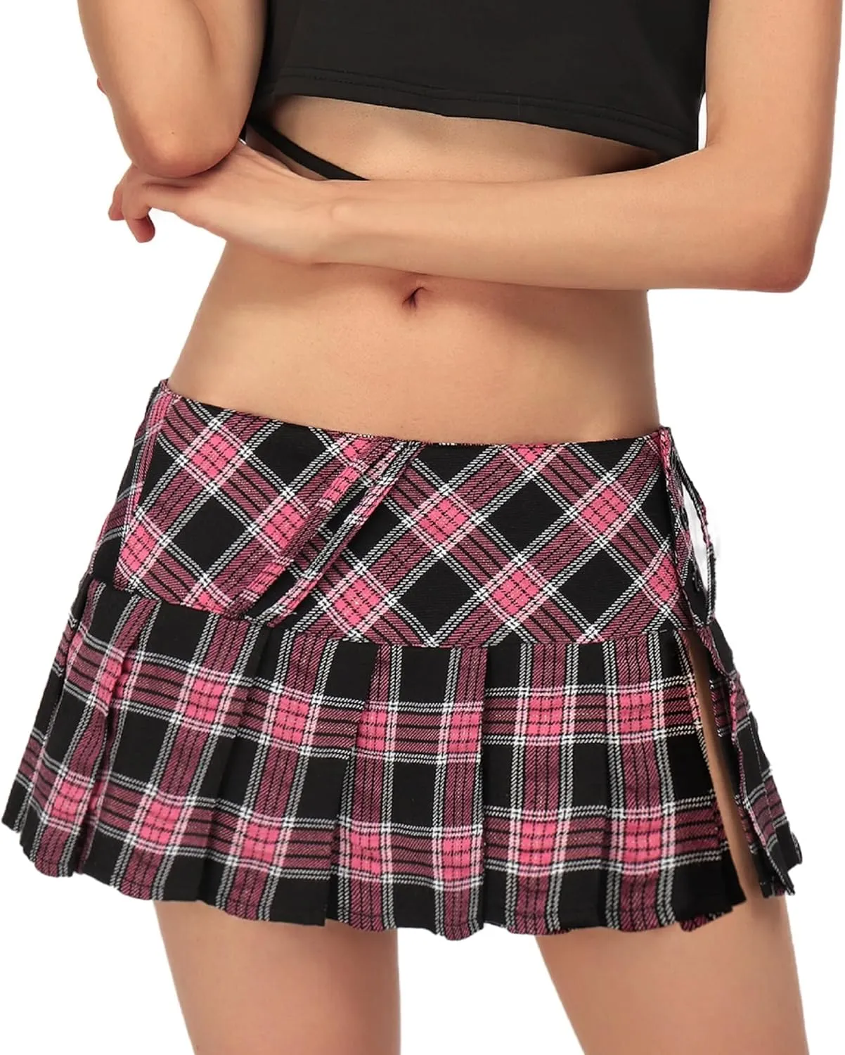 DAZCOS Mini Plaid Pleated Skirt Slip US Size Low Waist Slit Cosplay Uniform for Women