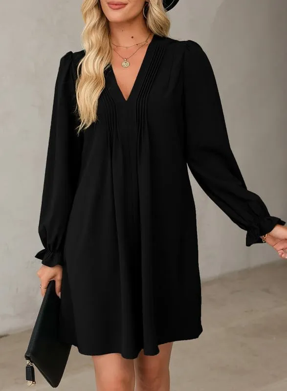 Dokotoo Womens Casual Dress A-Line Ruffle Sleeve V Neck Midi Dress 2025 Fashion Pleated Flowy Sundress Loose Shirt Dresses