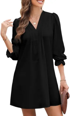 Dokotoo Womens Casual Dress A-Line Ruffle Sleeve V Neck Midi Dress 2025 Fashion Pleated Flowy Sundress Loose Shirt Dresses