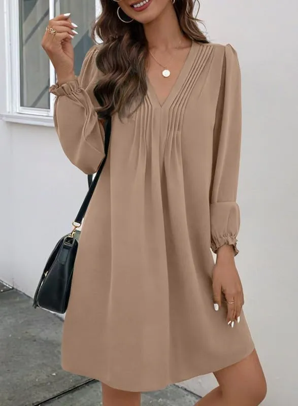 Dokotoo Womens Casual Dress A-Line Ruffle Sleeve V Neck Midi Dress 2025 Fashion Pleated Flowy Sundress Loose Shirt Dresses