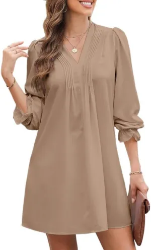 Dokotoo Womens Casual Dress A-Line Ruffle Sleeve V Neck Midi Dress 2025 Fashion Pleated Flowy Sundress Loose Shirt Dresses