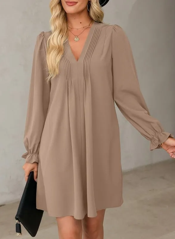 Dokotoo Womens Casual Dress A-Line Ruffle Sleeve V Neck Midi Dress 2025 Fashion Pleated Flowy Sundress Loose Shirt Dresses