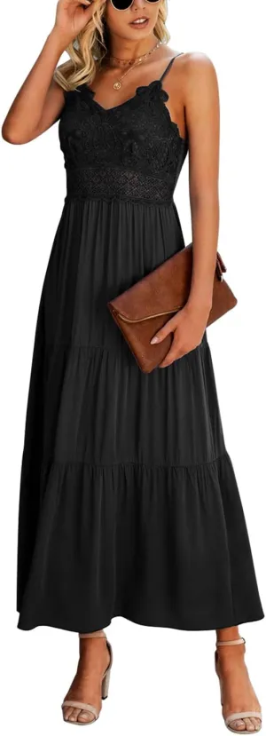 Dokuritu Women's Beach Crochet Lace Maxi Dress Solid Color Summer Vacation Spaghetti Strap Long Dress 2024