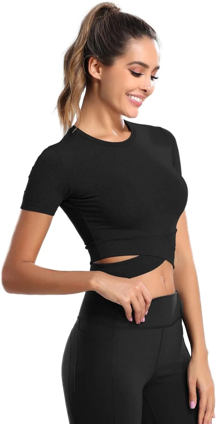 DREAM SLIM Short Sleeve Crop Tops for Women Tummy Cross Fitted Yoga Running Shirts Gym Workout Cropped Tank Tops