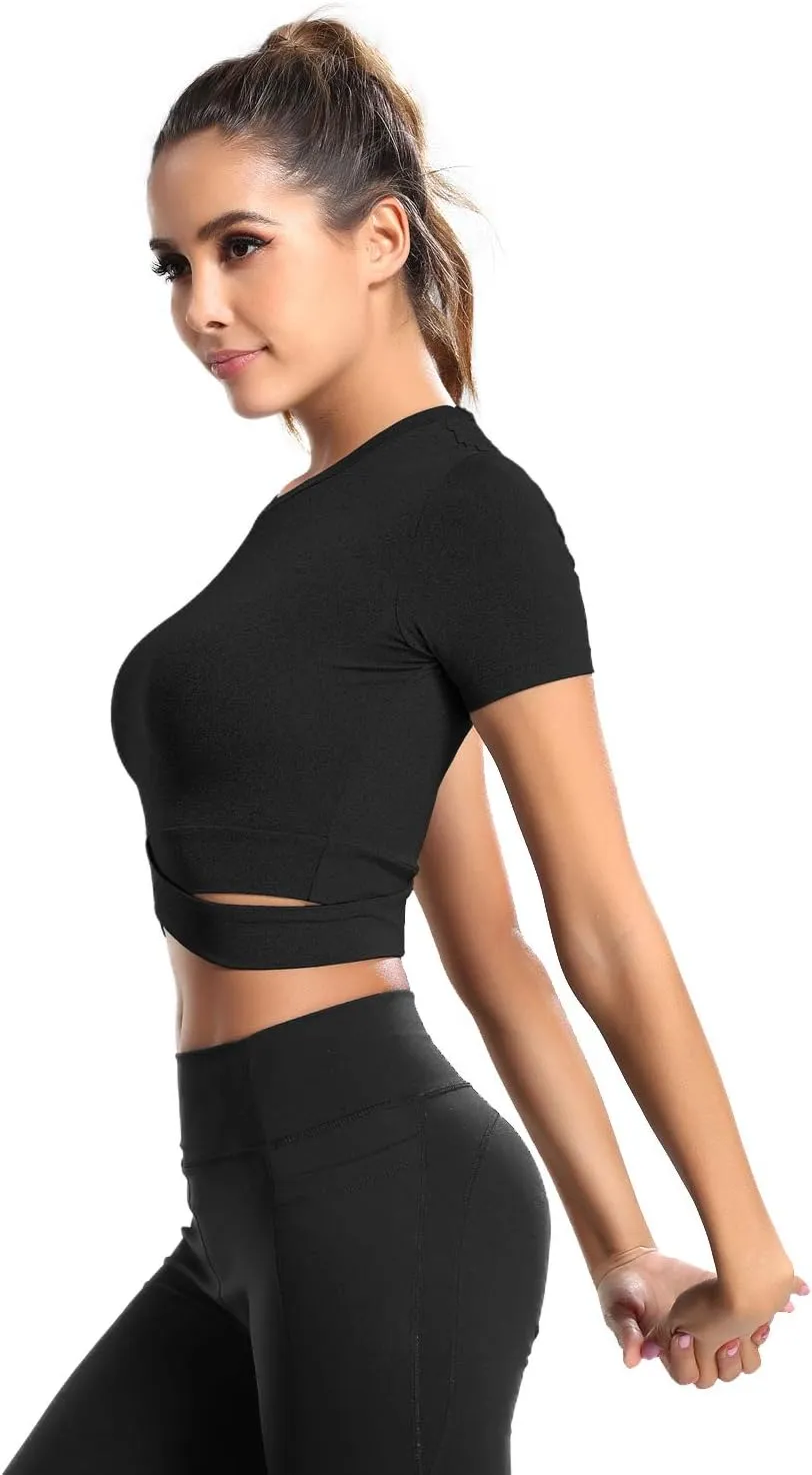 DREAM SLIM Short Sleeve Crop Tops for Women Tummy Cross Fitted Yoga Running Shirts Gym Workout Cropped Tank Tops