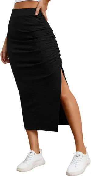 EARKOHA Pencil Midi Skirt for Women 2024 Fall Casual High Waist Ruched Ribbed Knit Stretchy Bodycon Skirt with Slit