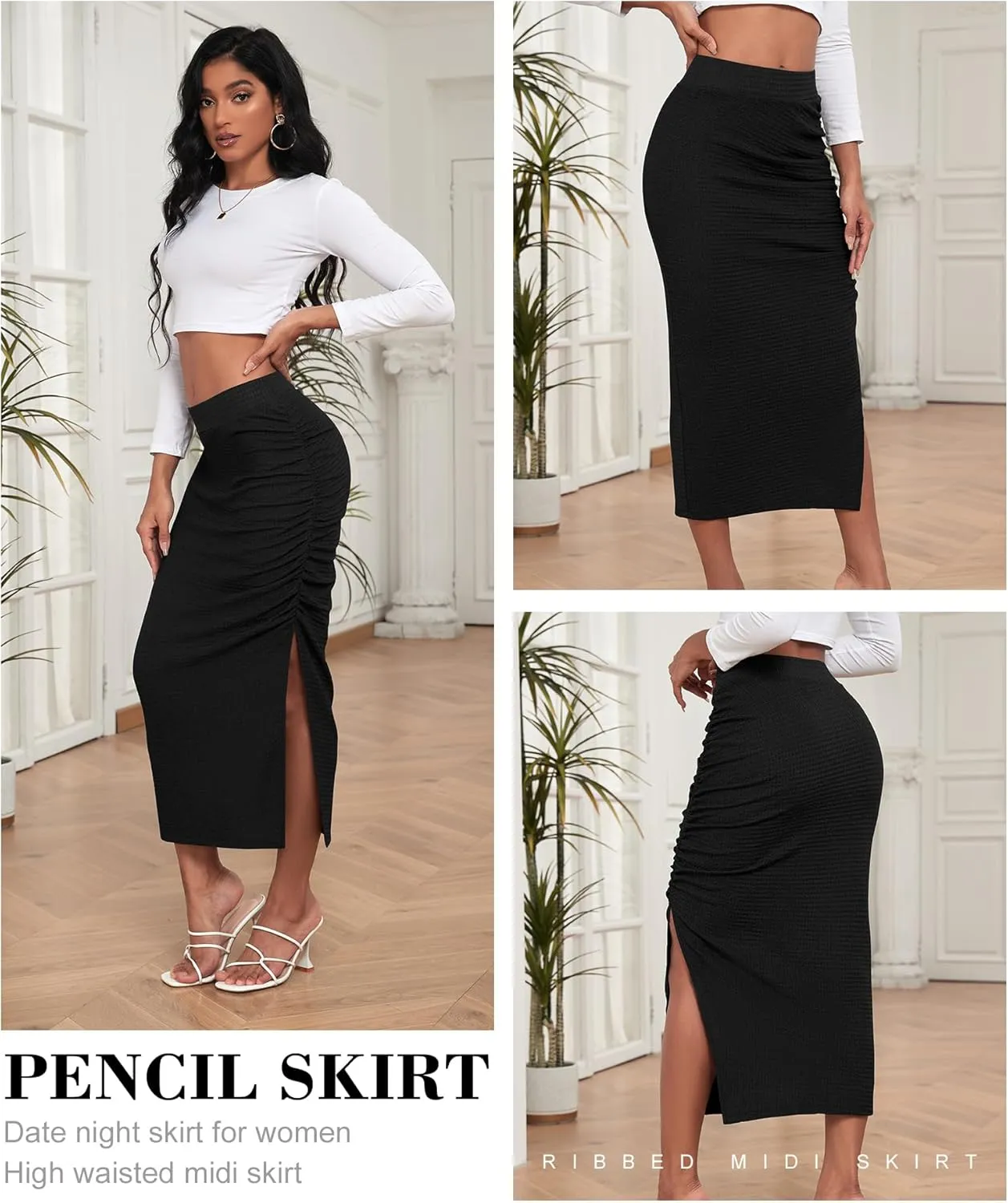 EARKOHA Pencil Midi Skirt for Women 2024 Fall Casual High Waist Ruched Ribbed Knit Stretchy Bodycon Skirt with Slit