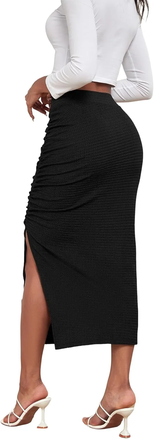 EARKOHA Pencil Midi Skirt for Women 2024 Fall Casual High Waist Ruched Ribbed Knit Stretchy Bodycon Skirt with Slit