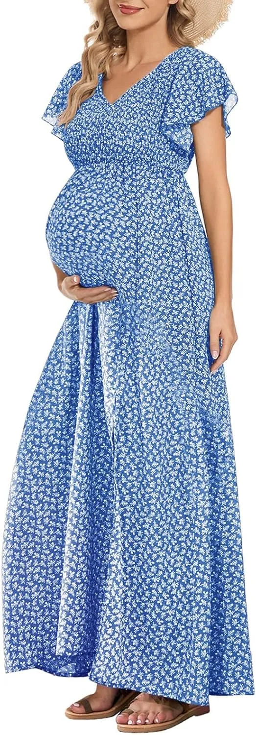 Floral Print V Neck Maternity Dress Boho Baby Shower Photoshoot Smocked Flutter Sleeve Split A Line Dress