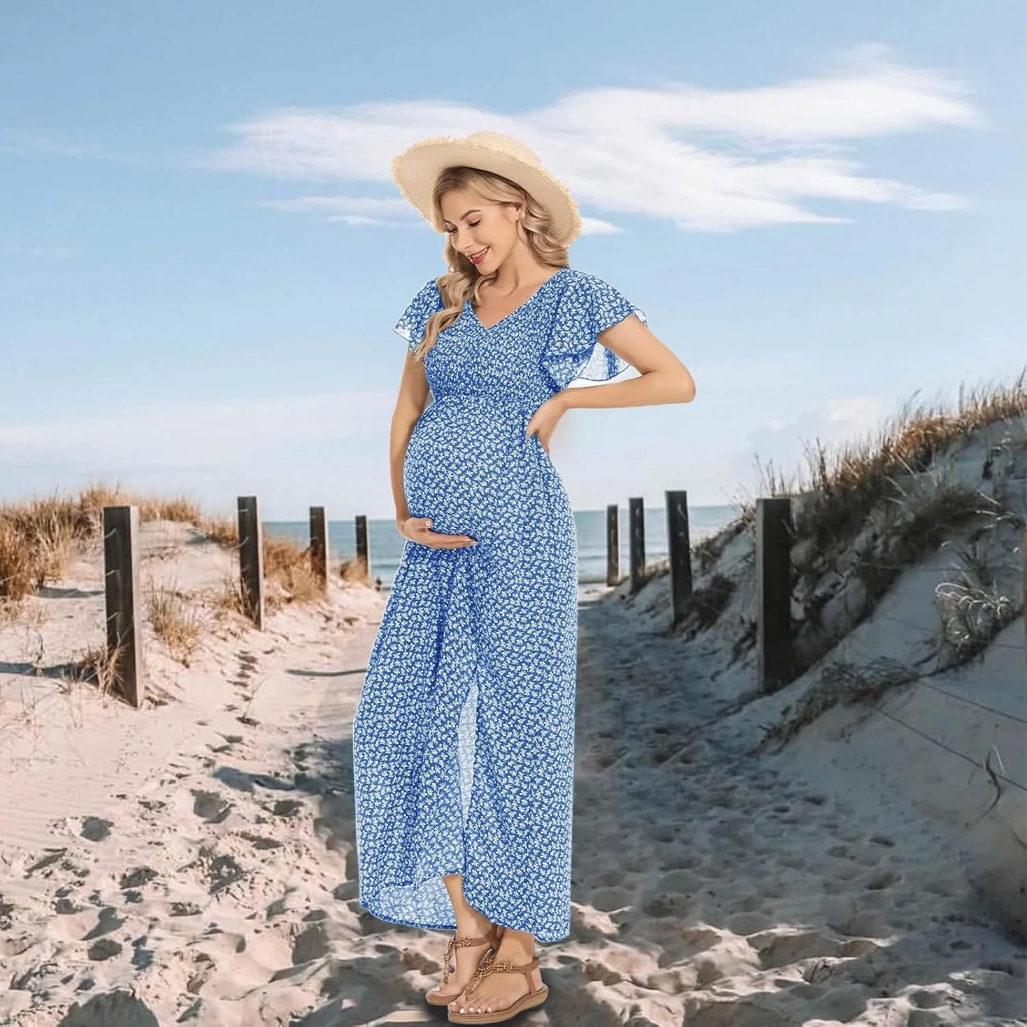 Floral Print V Neck Maternity Dress Boho Baby Shower Photoshoot Smocked Flutter Sleeve Split A Line Dress
