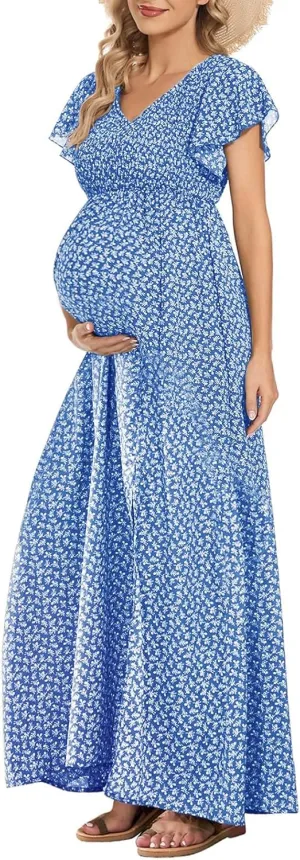 Floral Print V Neck Maternity Dress Boho Baby Shower Photoshoot Smocked Flutter Sleeve Split A Line Dress